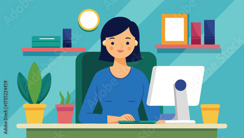 Woman working at a desk in a cozy office with plants and shelves in the background in bright colors