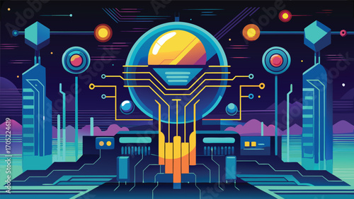 Digital landscape showcasing vibrant futuristic technology in a cosmic setting at nighttime