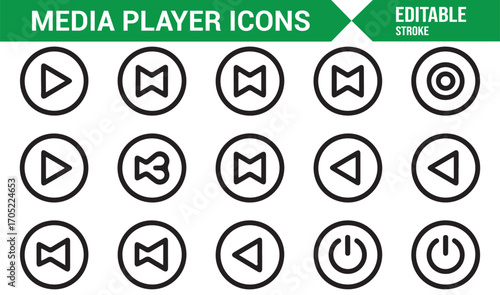 Media control button icons pack including power, sound, record, and playlist options