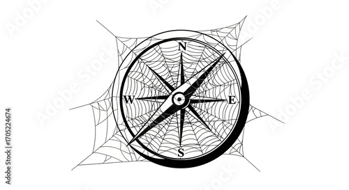 A detailed illustration of a compass overlaid with a delicate yet intricate spiderweb design