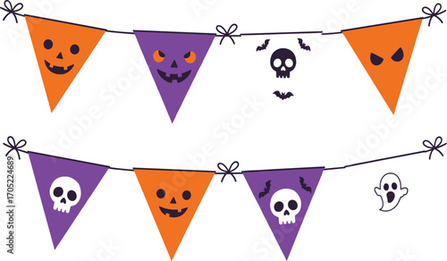 Halloween pennant banner illustration, spooky party decoration vector, jack-o'-lantern skull ghost flags, festive triangle bunting clipart design set