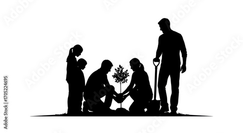 A family plants a tree seedling together in silhouette representing togetherness and growth