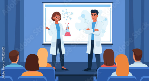 Scientists presenting research at a medical innovation forum during a professional conference