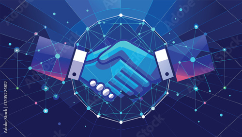 Business handshake symbolizes partnership and collaboration in digital technology