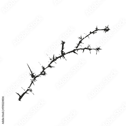 Sharp thorny branch grunge element with retro photocopy stipple gritty effect. Vector illustration isolated background.