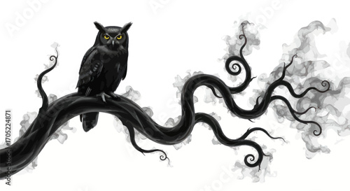 A solitary owl, silhouetted against a stark backdrop of curling branches and wispy smoke