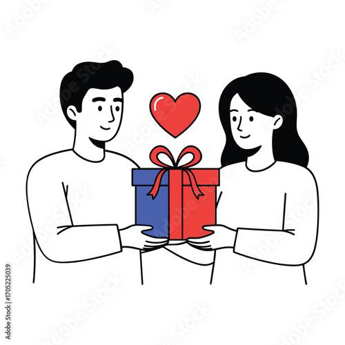 Couple sharing a red and blue gift box with a red heart above woman