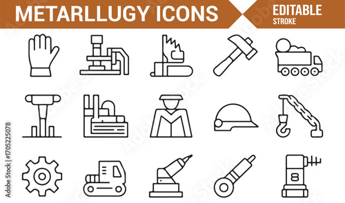 Metallurgy and industrial tools outline icons including welding, gear, and furnace