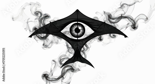 Abstract eye within a dark geometric form surrounded by smoke swirls creating a surreal visual