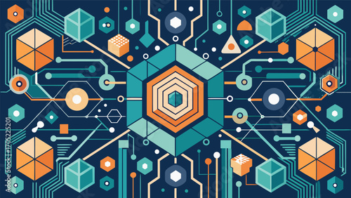 Colorful geometric abstract design featuring futuristic shapes and circuit patterns