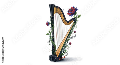 An elegant harp adorned with delicate vines and enchanting roses against a pristine white backdrop
