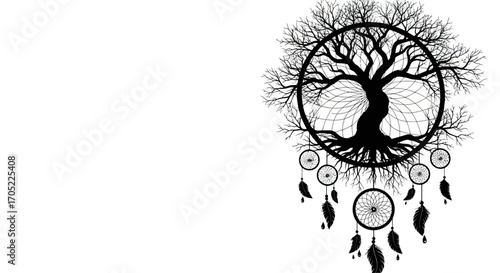 Artistic rendering of a dreamcatcher with a tree of life symbol at its center in black and white