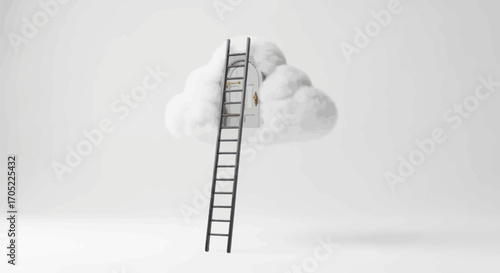 Ascending to Ethereal Realms: A Ladder to Dreams Amidst Fluffy White Clouds and a Gateway