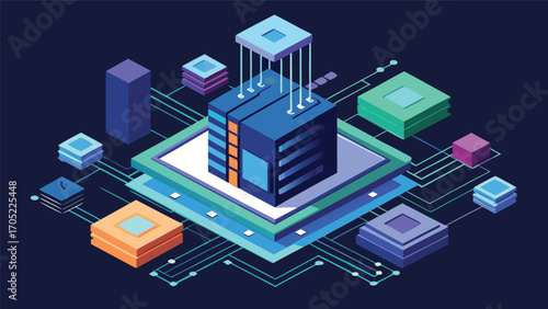 Digital network architecture illustrating data center operations and connectivity in a modern technological environment