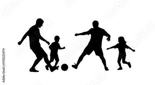 Black silhouette art featuring two adults and two children joyfully playing soccer together on a