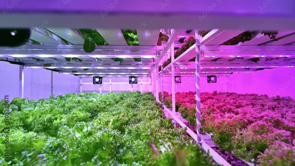 A modern indoor vertical farm with rows of leafy greens grown under ...