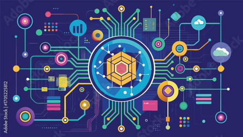 Digital circuit design featuring interconnected nodes and cloud elements with vibrant colors and patterns