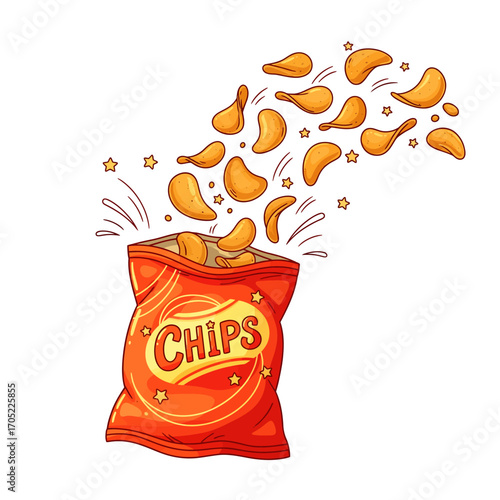Vector illustration of a snack chips bag with chips flying out. Fun and colorful fast food design in cartoon style.
