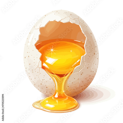 Vector illustration of a cracked egg with bright golden yolk flowing out. Clean and shiny food art design.