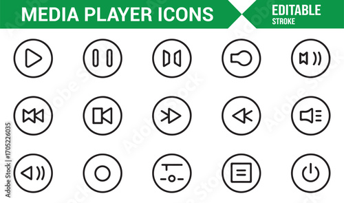Editable stroke media player icons set with play, pause, stop, and control buttons