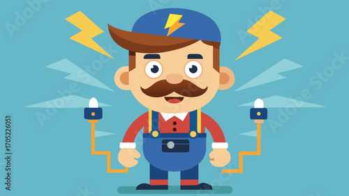 Cartoon electrician character with lightning bolts and cheerful expression in blue background