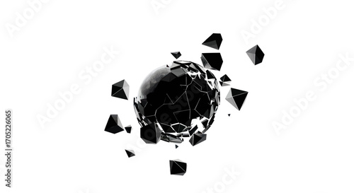 Deconstructed black sphere with geometric shards floating around it abstract representation