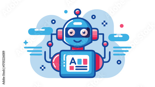 Friendly robot character with blue and red features showcasing technology and creativity in a colorful background