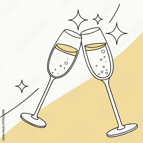 A vector illustration of two festive champagne glasses clinking in a New Year celebration