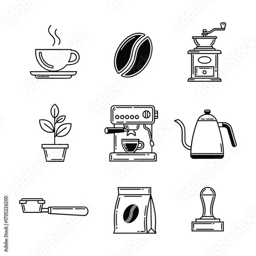 Collection of black line art coffee making icons on white background espresso machine