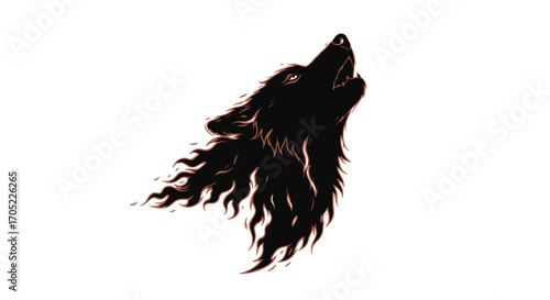 Dramatic depiction of a howling wolf in stark silhouette against a white backdrop
