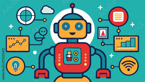 Colorful robot interacts with various technology icons in a digital environment promoting innovation and creativity