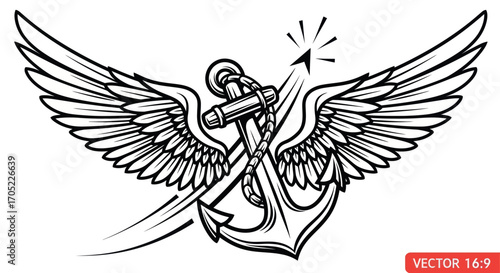 Elegant nautical emblem featuring a stylized anchor adorned with detailed wings illustration
