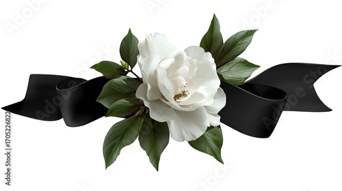 White Peony with Black Ribbon, isolated on transparent background