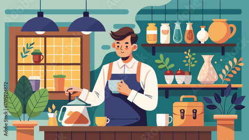 Barista preparing coffee in a cozy cafe with plants and decorative glassware during the morning hours