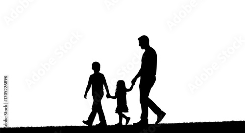 Family silhouette walking together conveying unity and togetherness in monochrome simplicity
