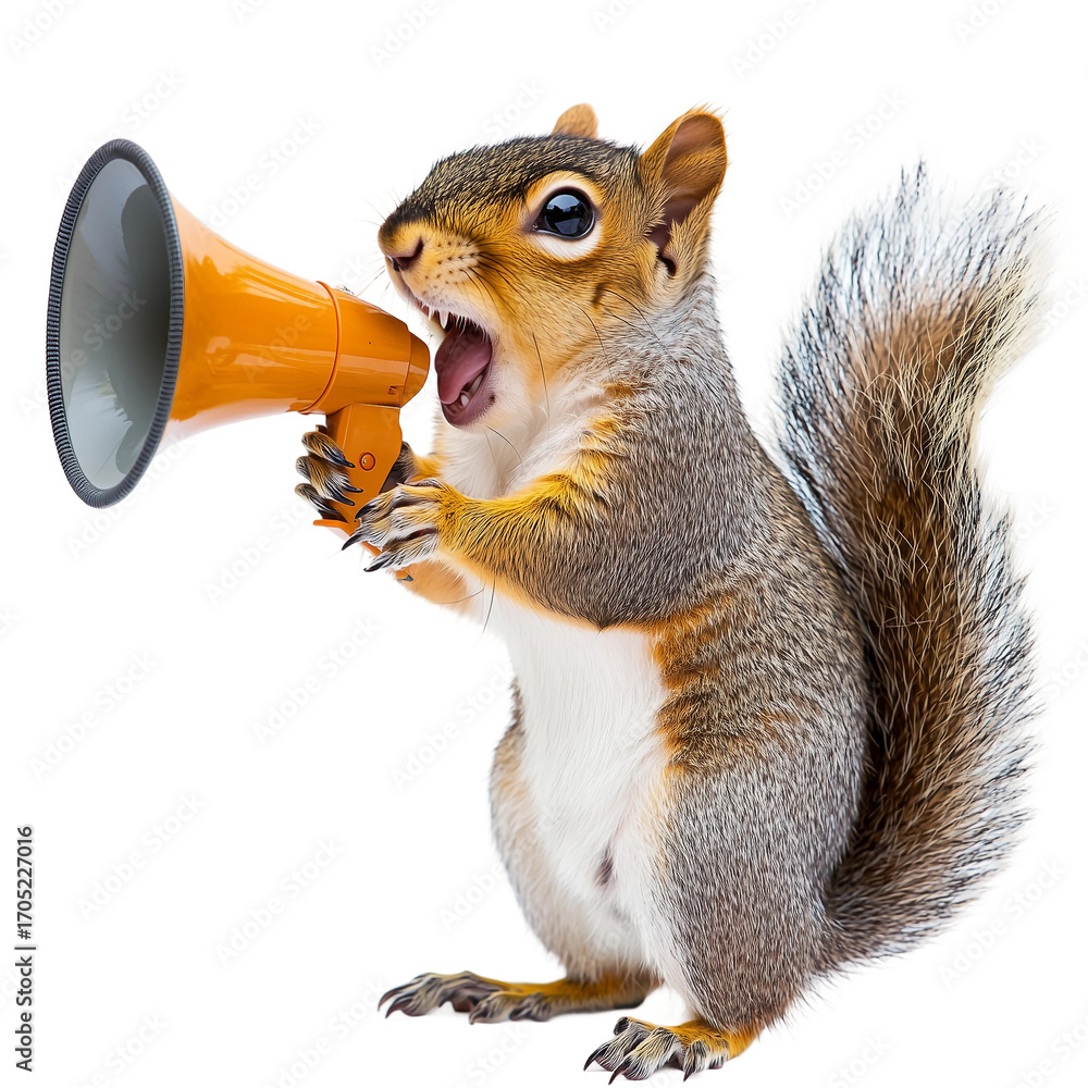 Fototapeta premium Squirrel holds megaphone,PNG,transparent background,clipart,concept of animal advertising