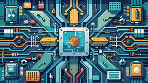 Technology circuit design showing interconnected components and a central processing unit in a modern setting
