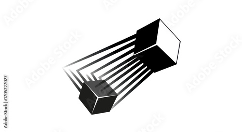 Geometric abstraction featuring cubes connected by parallel lines on a white background