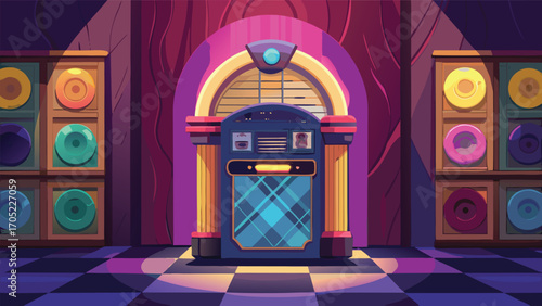Classic jukebox in a vibrant retro-themed lounge with colorful vinyl records on display