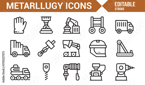 Industrial metallurgy line icons collection with worker, helmet, and protective gear