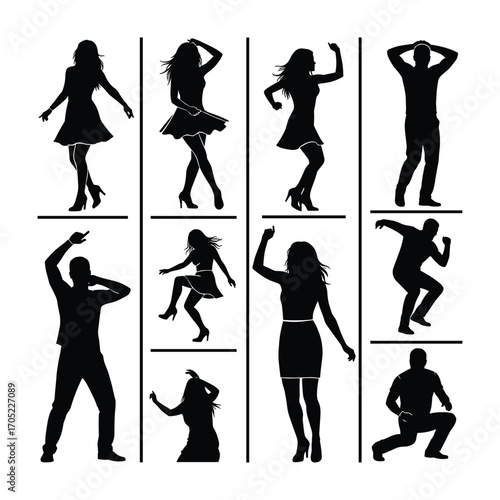 Silhouettes of men and women dancing in various poses on a white background woman group
