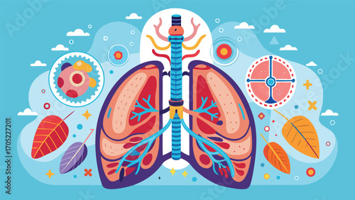 Colorful illustration showing human lungs with detailed anatomy and vibrant background elements in a modern style