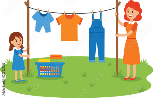 Laundry, cartoon, child, adult, clothesline, cooperation, household chore, outdoor, teamwork, 