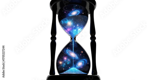 Hourglass filled with galactic imagery representing the vastness of space and time passing