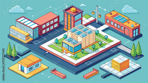 Urban city layout with buildings, roads, and greenery designed in a colorful and playful style