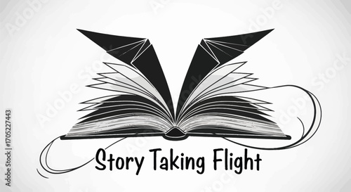 Imagination unfolds: Open book illustration with stylized wings and swirling lines evokes fantasy