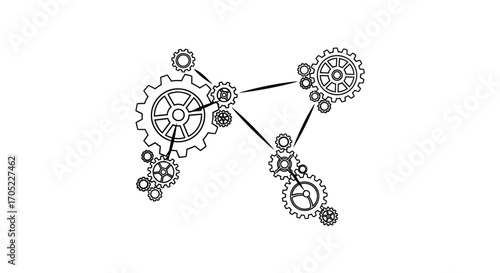 Interconnected cogs create a complex mechanical structure on a clean white background