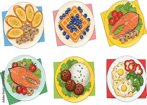 Meal plate vector set, breakfast lunch dinner illustration, garlic bread, salmon, meatballs, eggs, waffles, food clipart collection