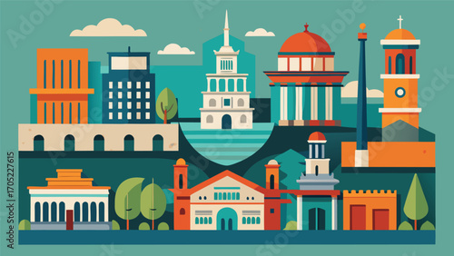 Colorful illustration of iconic buildings and landmarks in a vibrant cityscape during daytime