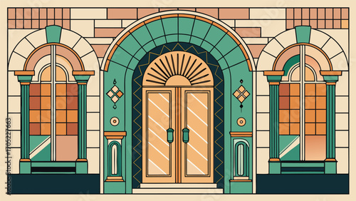 Intricate architectural design featuring elegant doors and decorative windows in a stylized facade